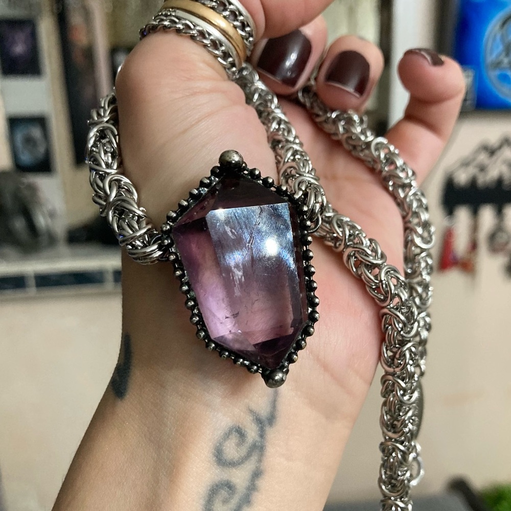 Handmade maille gemstone amethyst crystal chain necklace - Picture 12 of 16